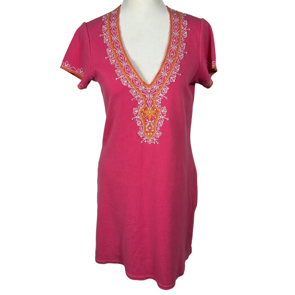 Moda International Pink Embroidered Tunic‎ Dress Boho V Neck Stretch Mini S